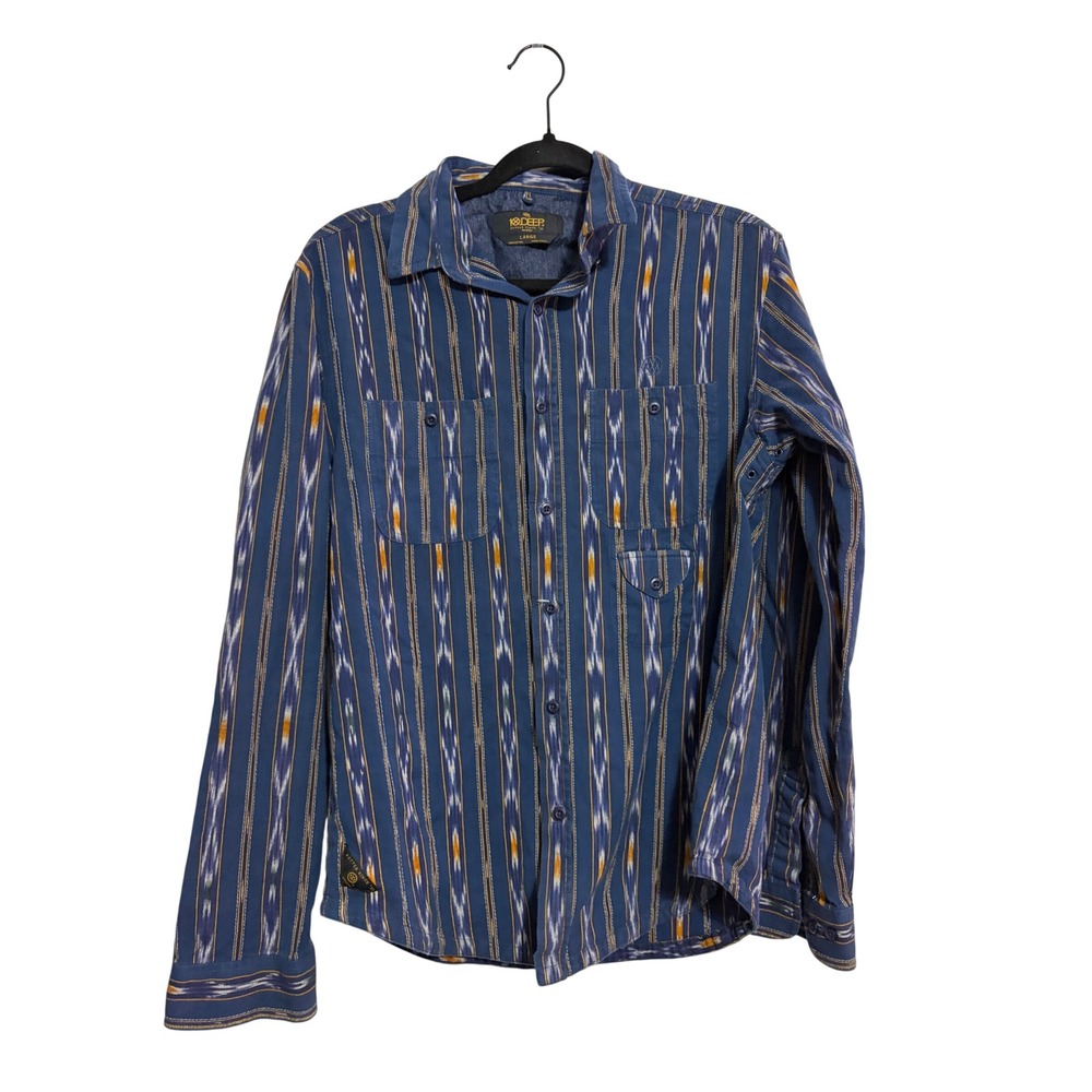 10.Deep Button Down Shirt‎ Ikat Stripe Blue Streetwear Cotton Large